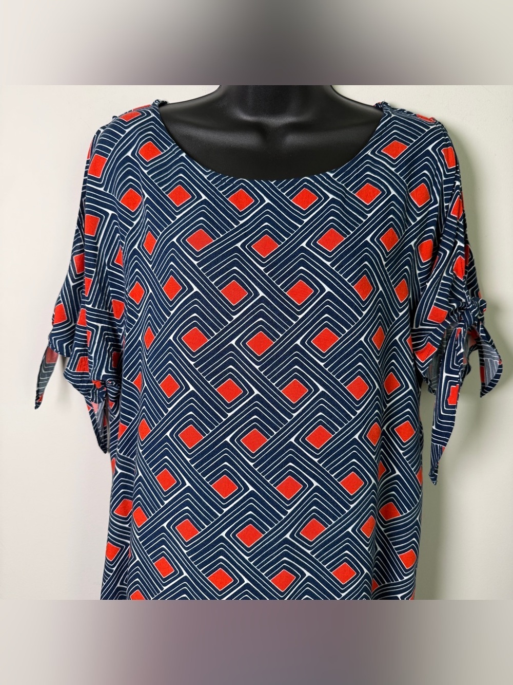 Escapada Rayon Shift Dress Navy Red Geometric Print Tie Sleeve Resort Vacation M